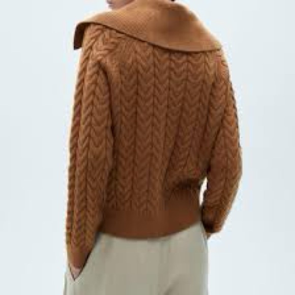 MANGO medium Women's Lapel Collar Braided Sweater MNG caramel brown - Picture 3 of 10